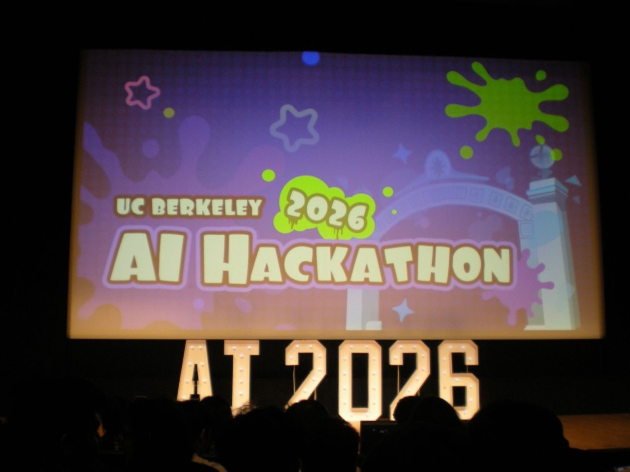 UC Berkeley 2026 AI Hackathon title screen on stage