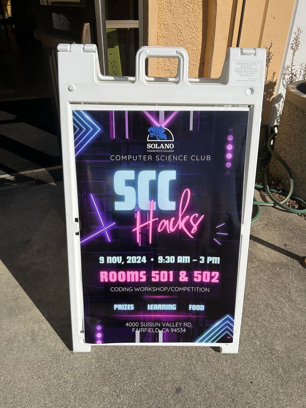 SCC Hacks 2024 sign: 9 Nov 2024, 9:30 AM to 3 PM, Rooms 501 and 502