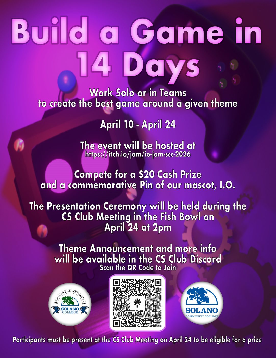 Spring 2026 SCC game jam flyer: build a game in 14 days, April 10 to April 24