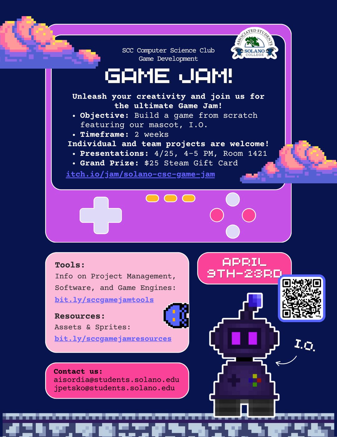 Spring 2025 SCC Game Jam flyer featuring the club mascot I.O.