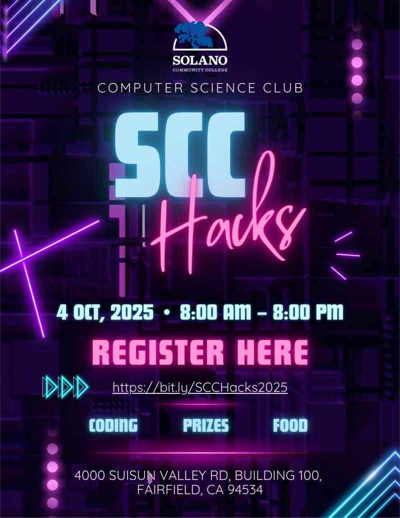 SCC Hacks 2025 flyer: October 4, 2025, 8 AM to 8 PM