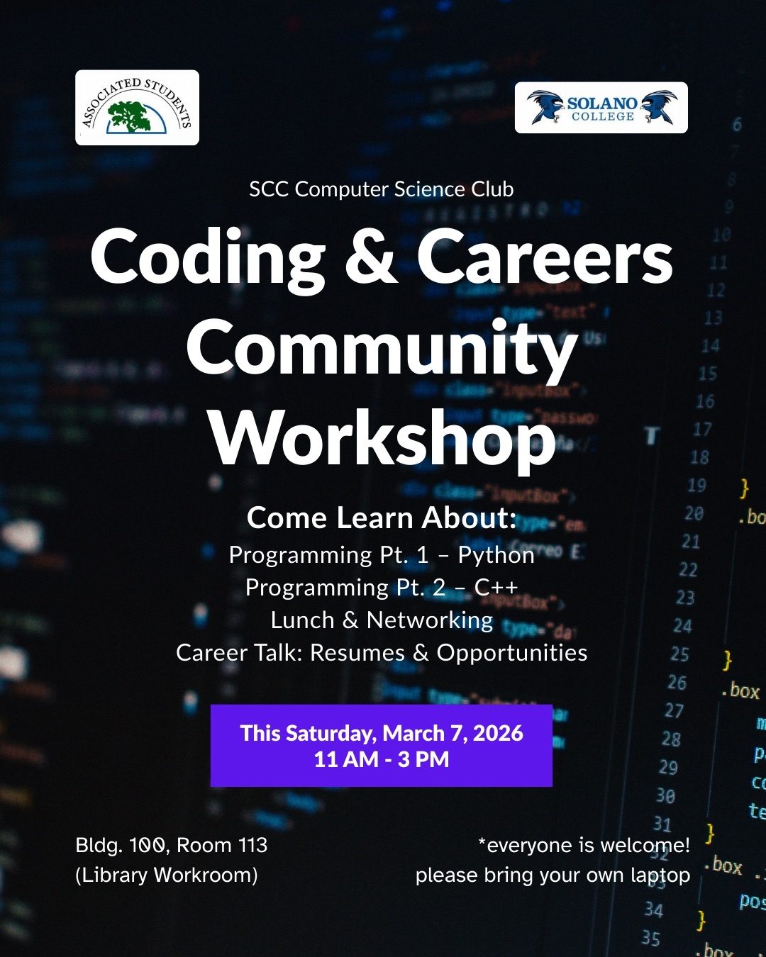 Coding and Careers Community Workshop schedule flyer, Saturday March 7, 2026
